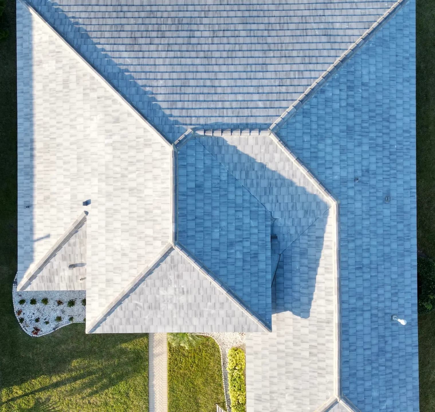 Gray architectural shingle ridges and valleys